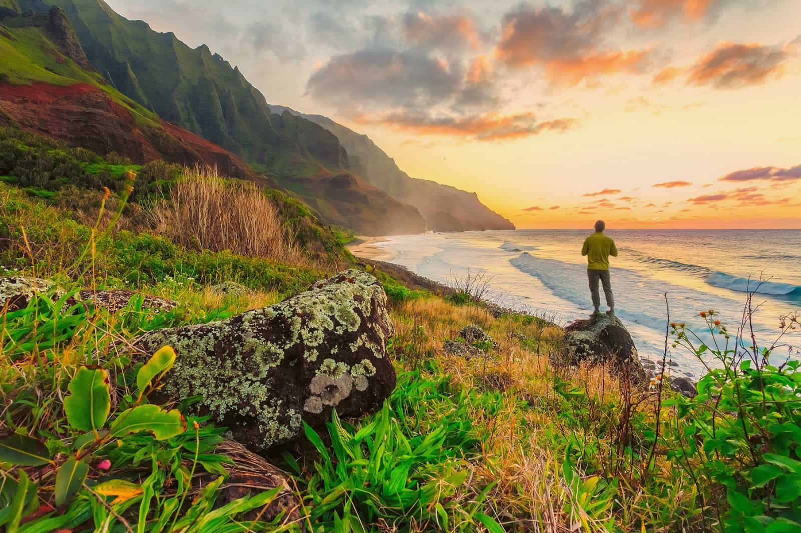 Hiker at the shore in Maui