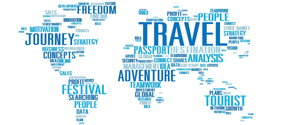 Map of the world with travel words