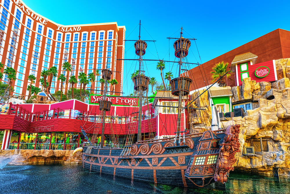 Pirate ship in front of Treasure Island Hotel