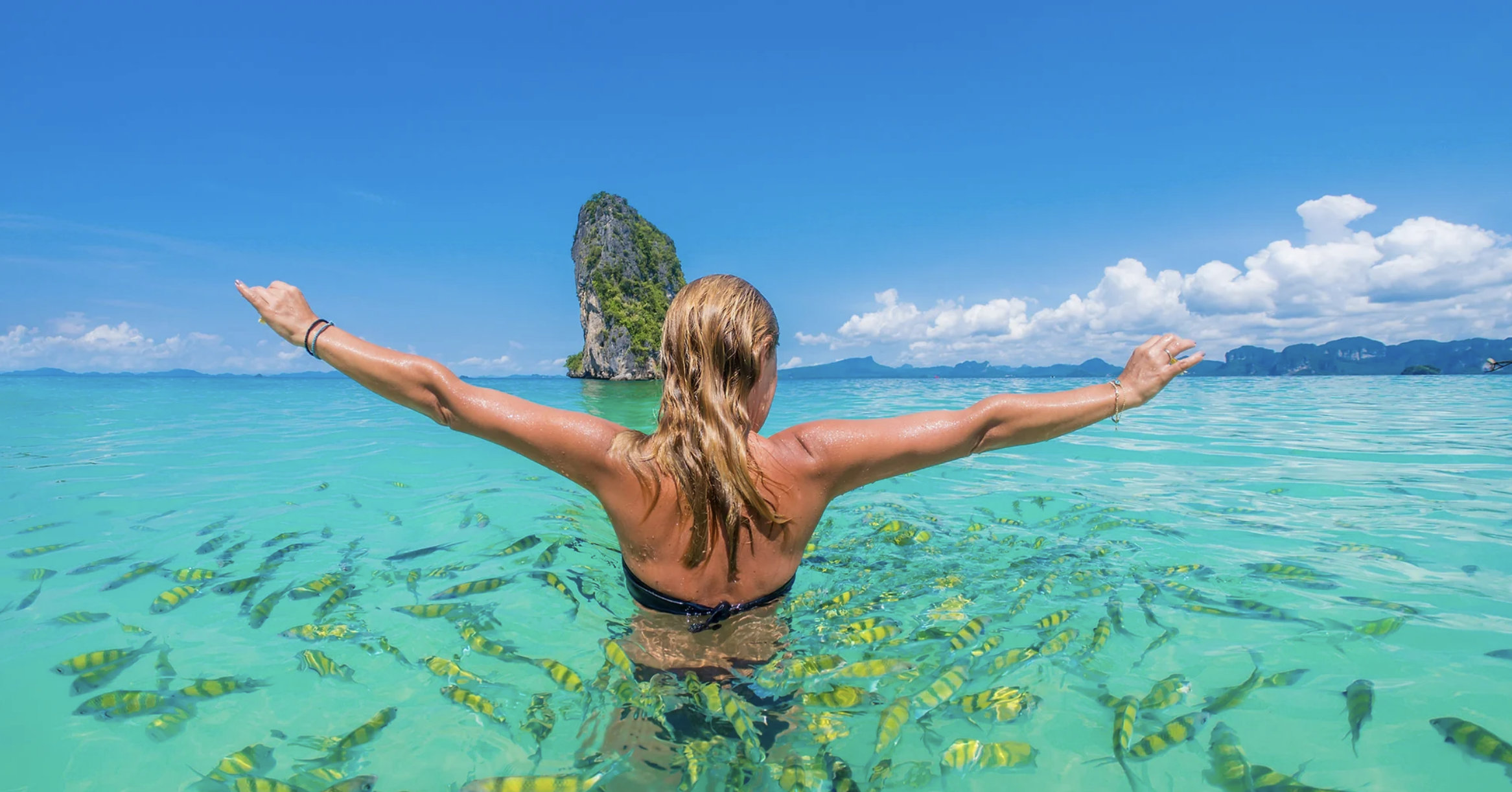 Woman in water surrounded by fish