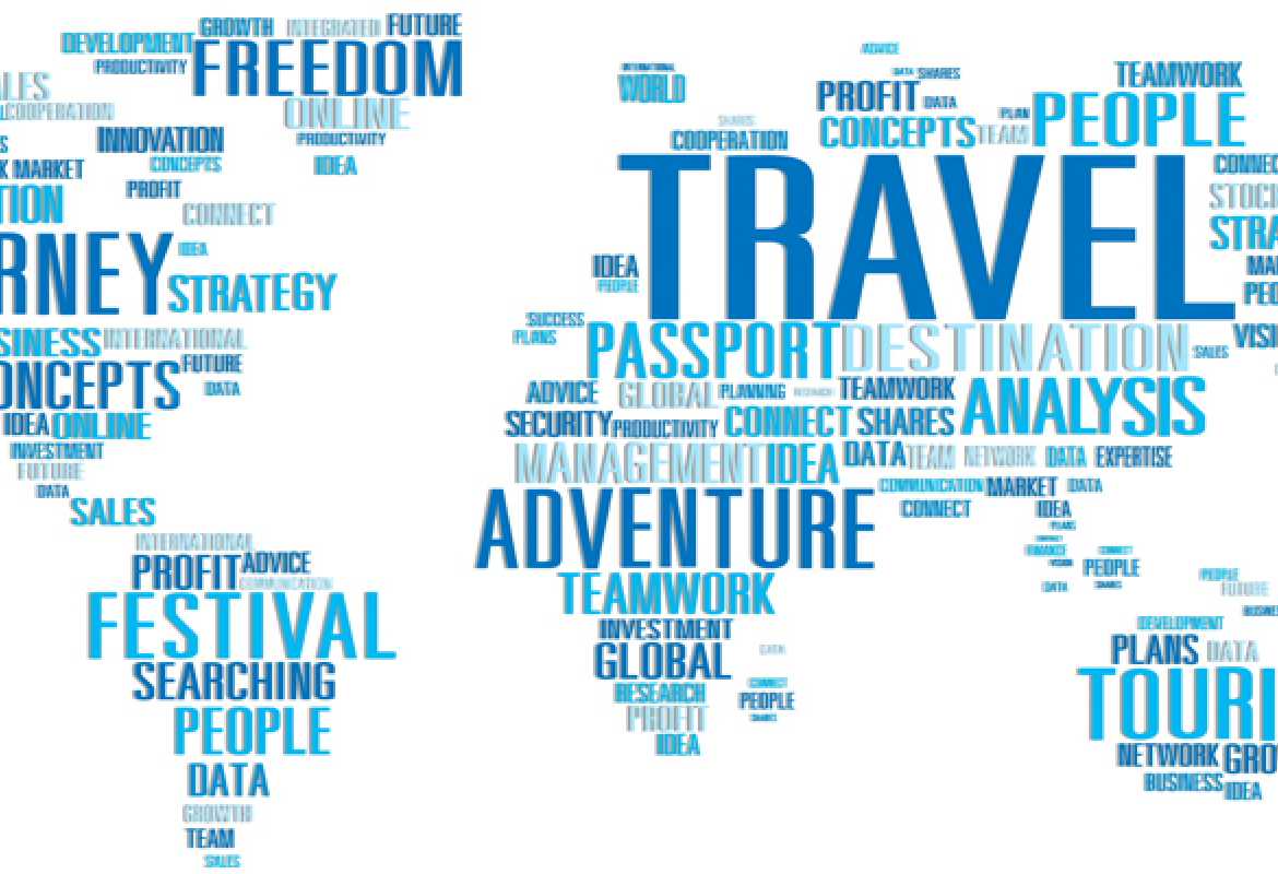 Map of the world with travel words